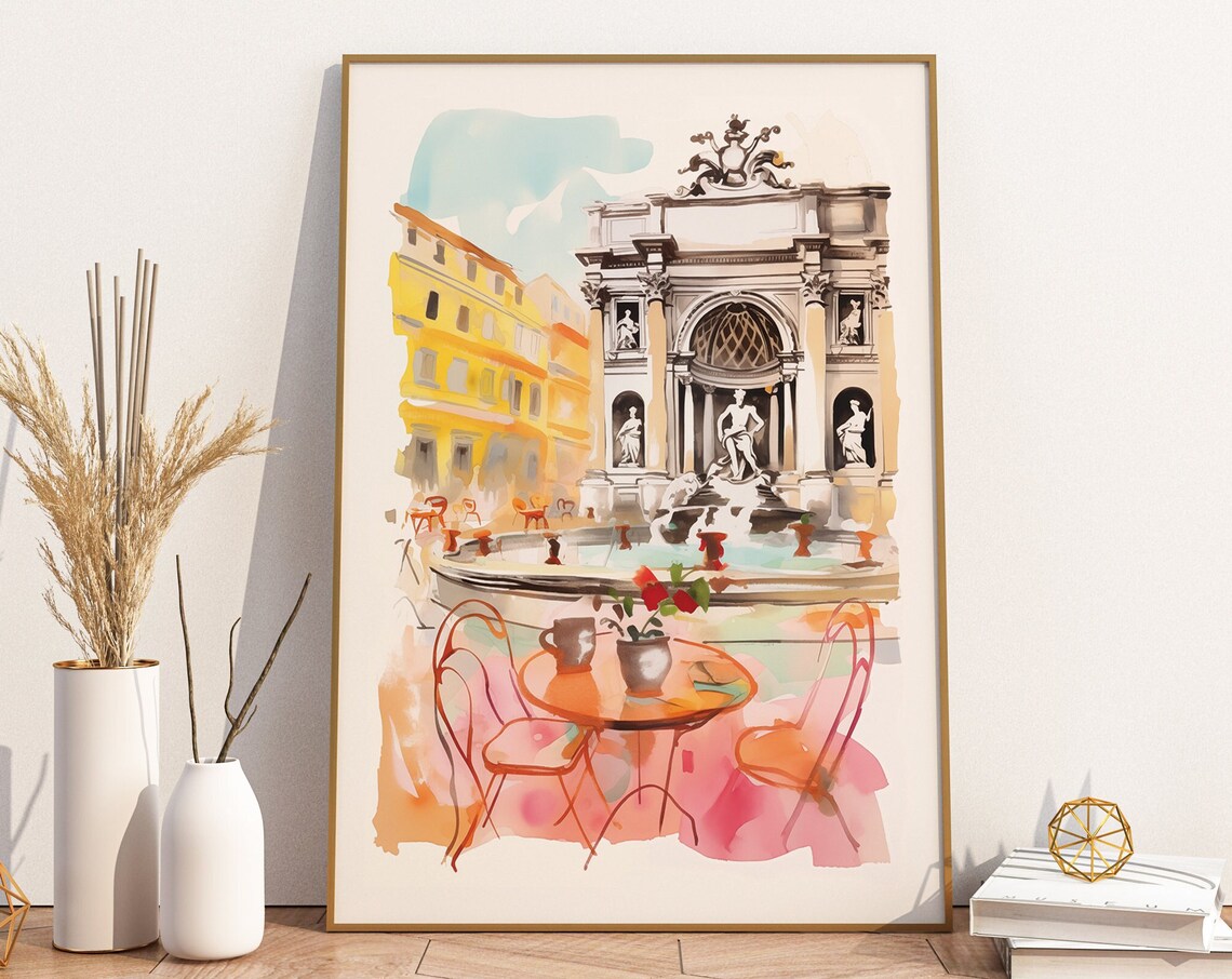 Trevi Fountain Rome Italy Watercolor Travel Poster