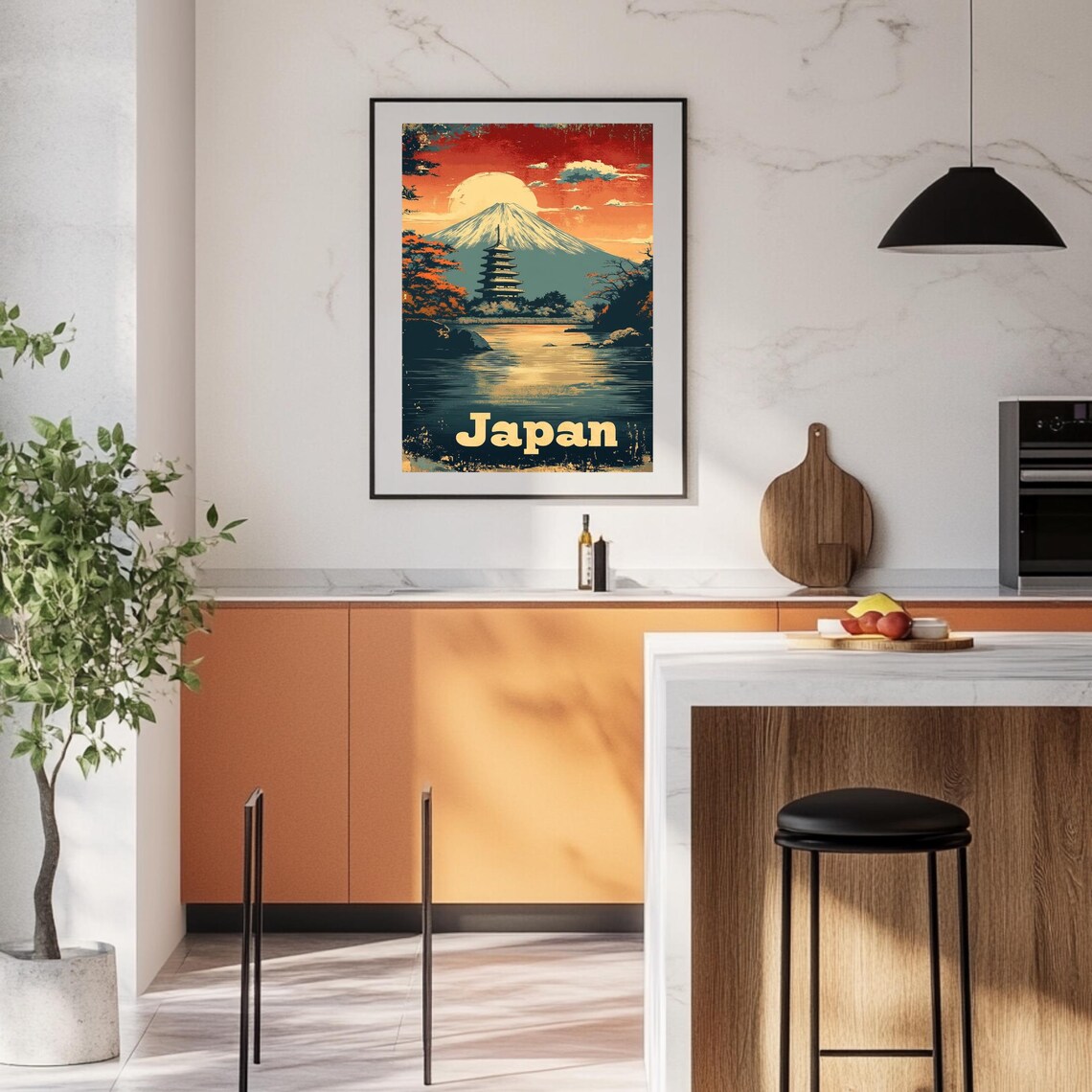 Vintage Japan Travel Poster with Mt Fuji and Pagoda at Sunset - Image 3