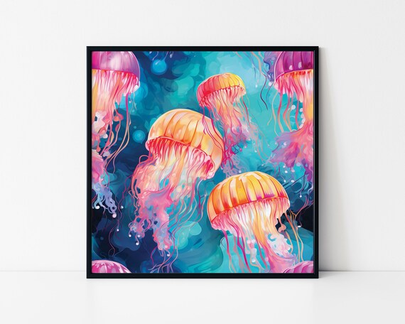 Psychedelic Jellyfish In Watercolor Painting Style Framed Poster Trippy Psychedelic Jellyfish Poster Psychedelic Wall Art Wall Hanging