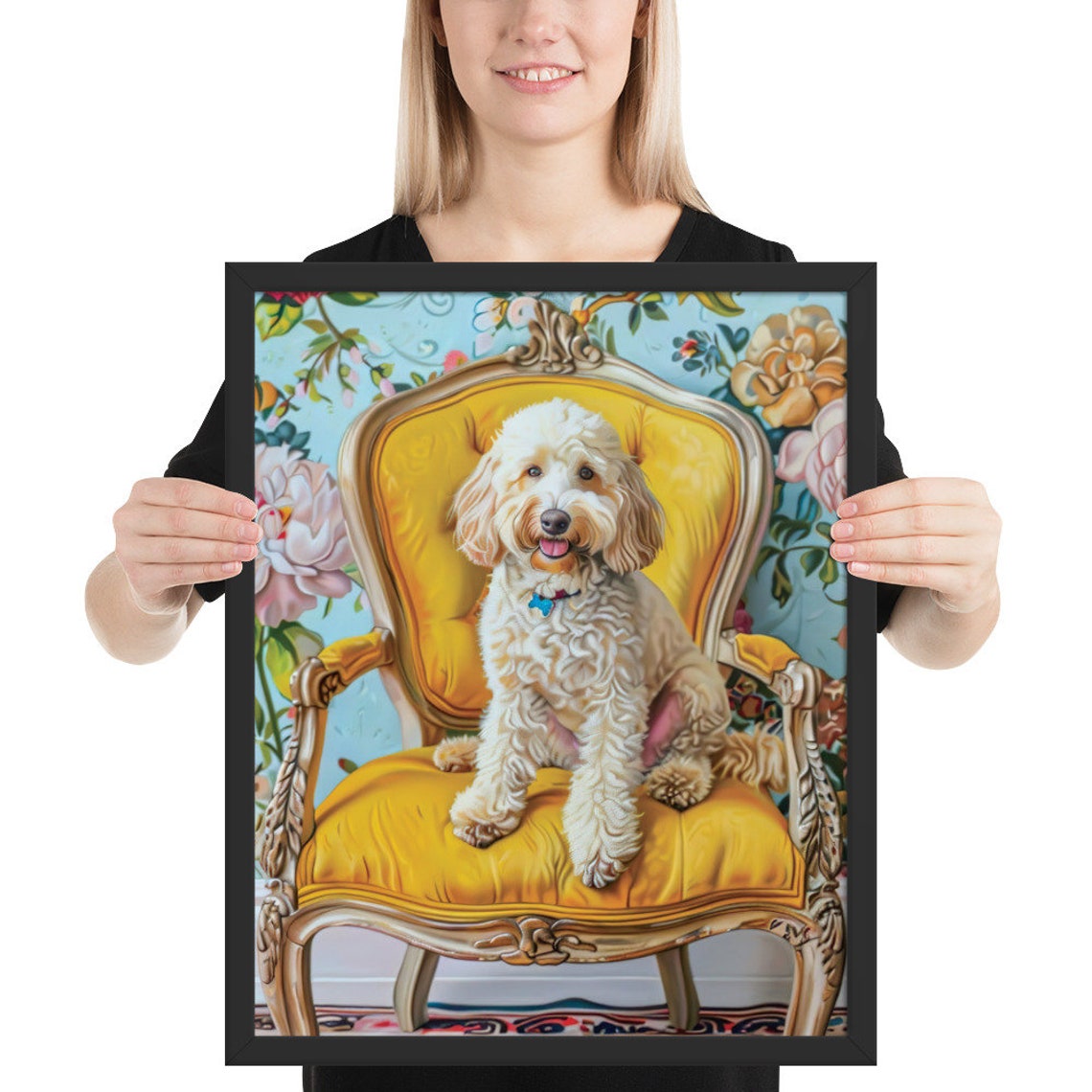 Elegant Labradoodle Dog Sitting On An Antique Chair In Oil Painting Style Framed Poster Elegant Dog Portrait Dog Wall Art Wall Hanging - Image 2
