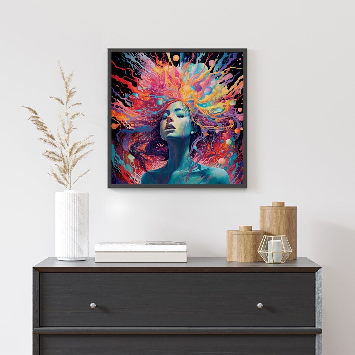 Serene Woman Face Dissolving Neon Cosmic Energy Surreal Wall Art - Image 3