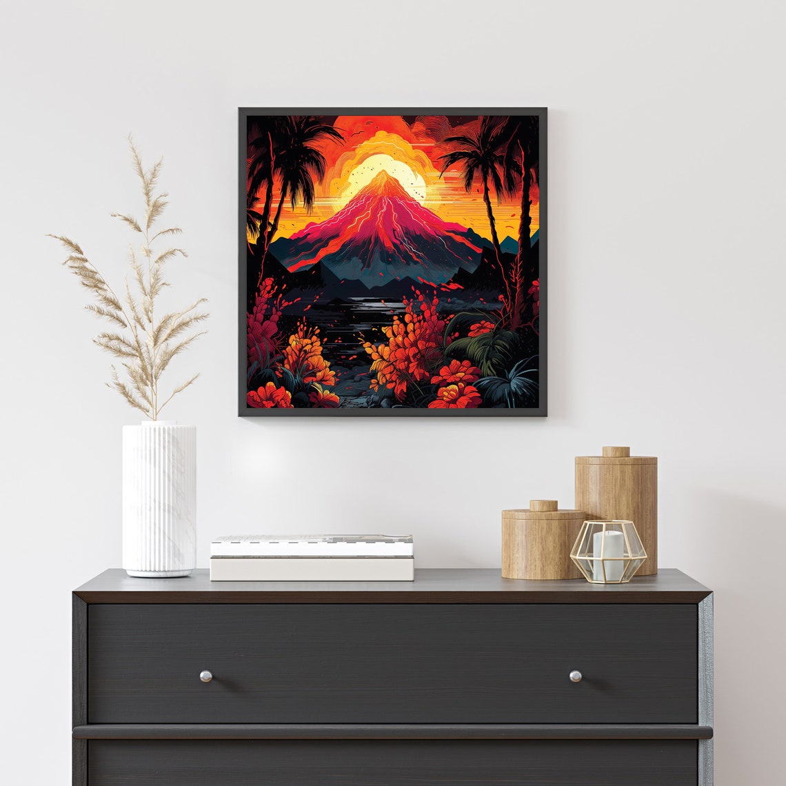 Volcano Eruption At Sunset With Palm Trees Tropical Lava Art Poster - Image 4