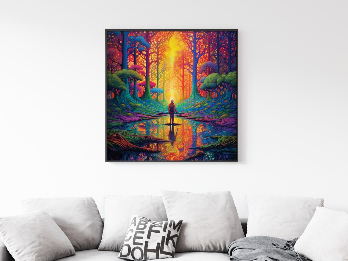 Lone Hiker In Psychedelic Rainbow Forest Reflective Lake Art Poster - Image 5