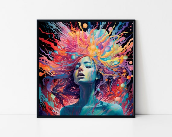 Serene Woman Face Dissolving Neon Cosmic Energy Surreal Wall Art