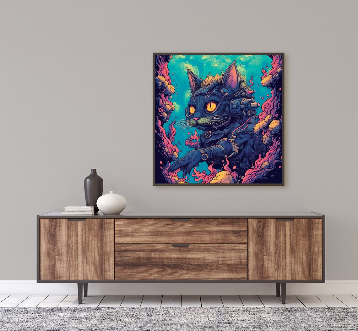 Cool Cyberpunk Black Cat Diver Neon Underwater Graffiti Wall Art - Image 3