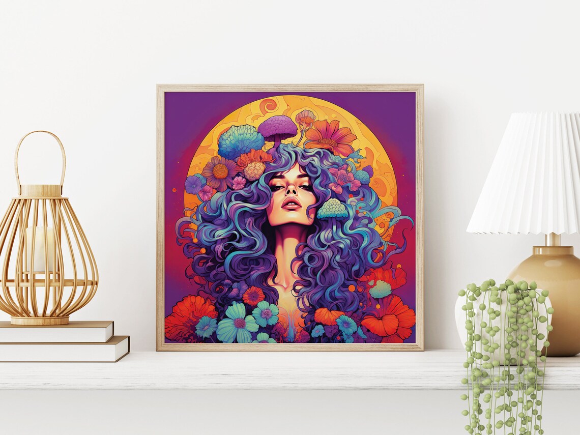 Hippie Moon Goddess Blue Hair Flowers Mushrooms Psychedelic Wall Art - Image 3