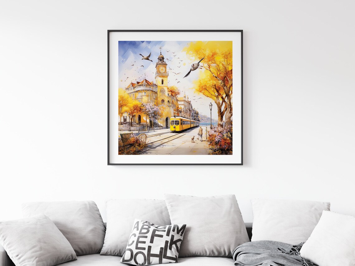 Watercolor City With Flying Seagulls Framed Poster Urban Watercolor With Seagulls City Life Watercolor Poster Wall Art Poster - Image 2
