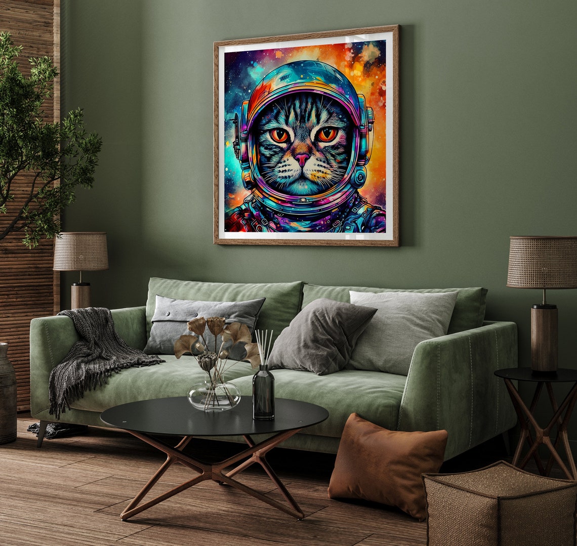 Cat Astronaut In Space Helmet Colorful Psychedelic Tabby Art Poster - Image 3
