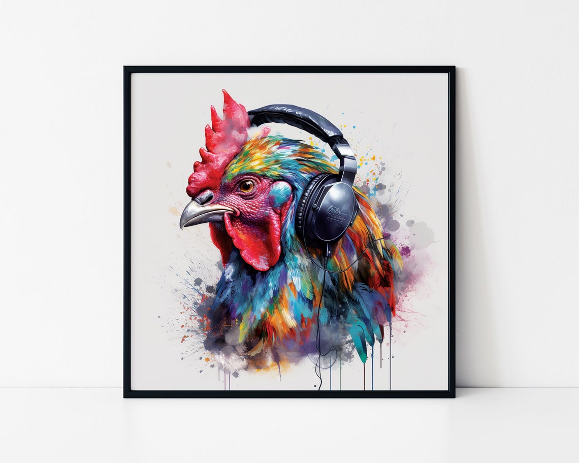 Rooster With Headphones Framed Poster Painting Of Rooster With Headphones Rooster Wall Art Home Decoration Animal Lovers Colors Splash