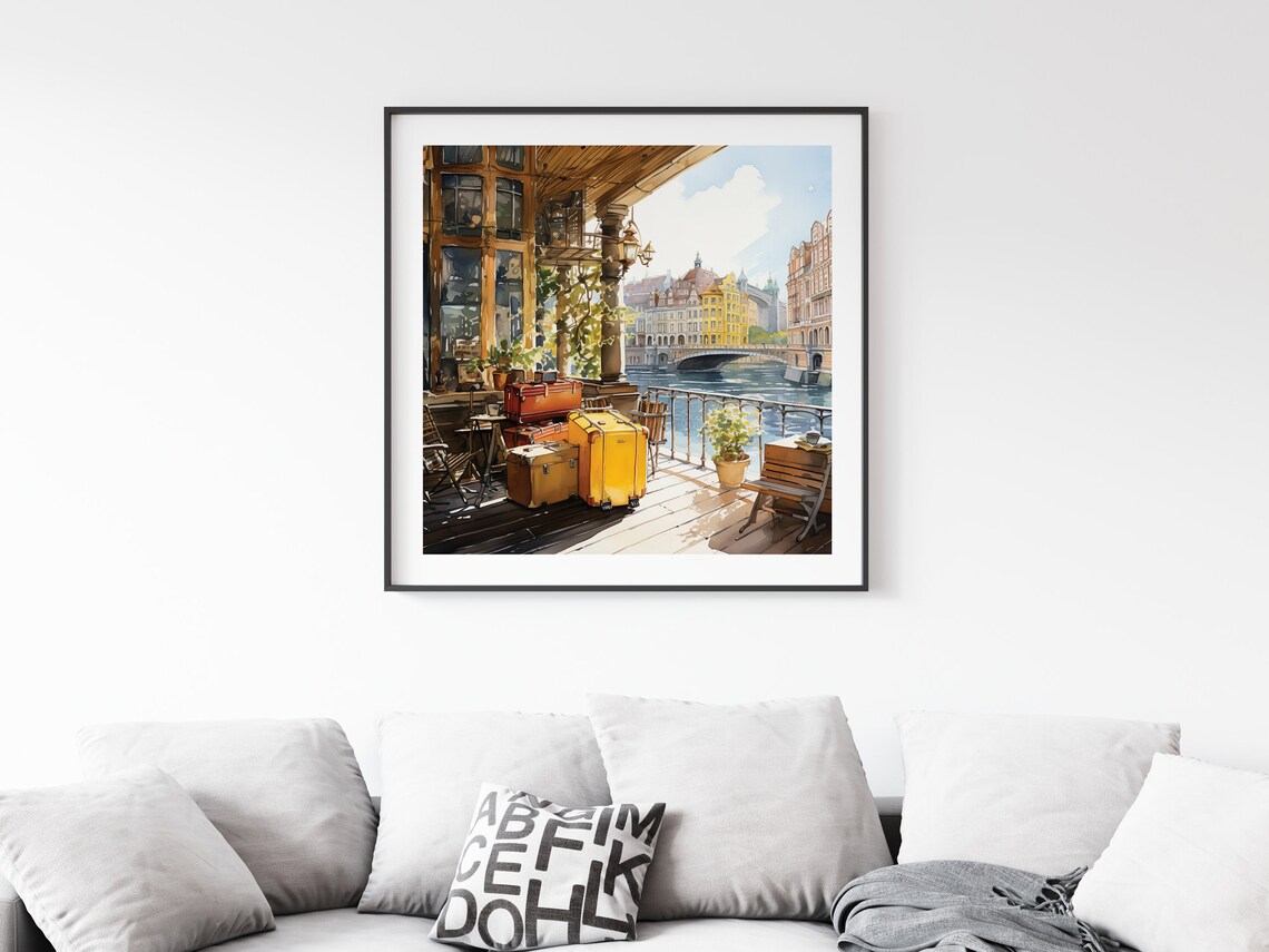 Watercolor City With Travelers Suitcases Framed Poster Cityscape River View Watercolor Poster Wall Art Watercolor Journey Poster - Image 4