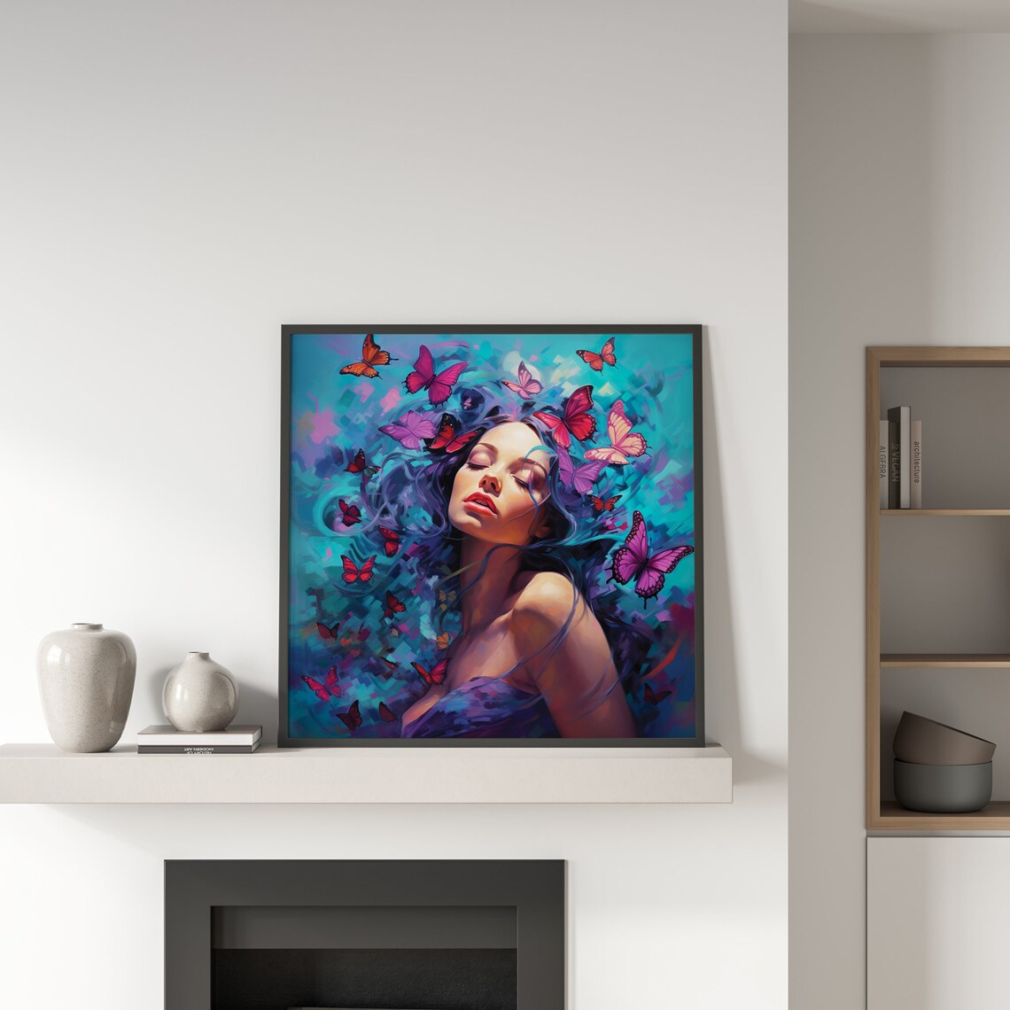 Dreamy Woman Butterflies Surrounding Hair Ethereal Teal Beauty Poster - Image 2