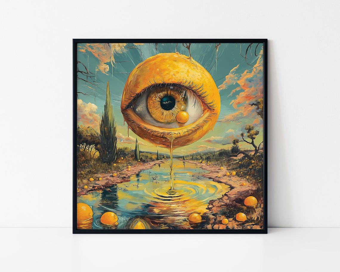 Surreal Lemon Eye Crying Over River Dreamlike Landscape Art Poster