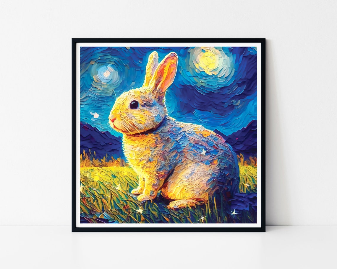 Starry Night Bunny Rabbit Swirling Sky Van Gogh Style Poster