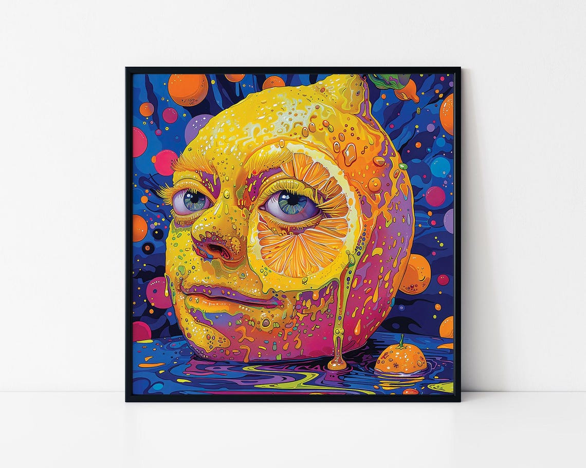 Surreal Lemon Face Human Eyes Psychedelic Juicy Fruit Art Poster