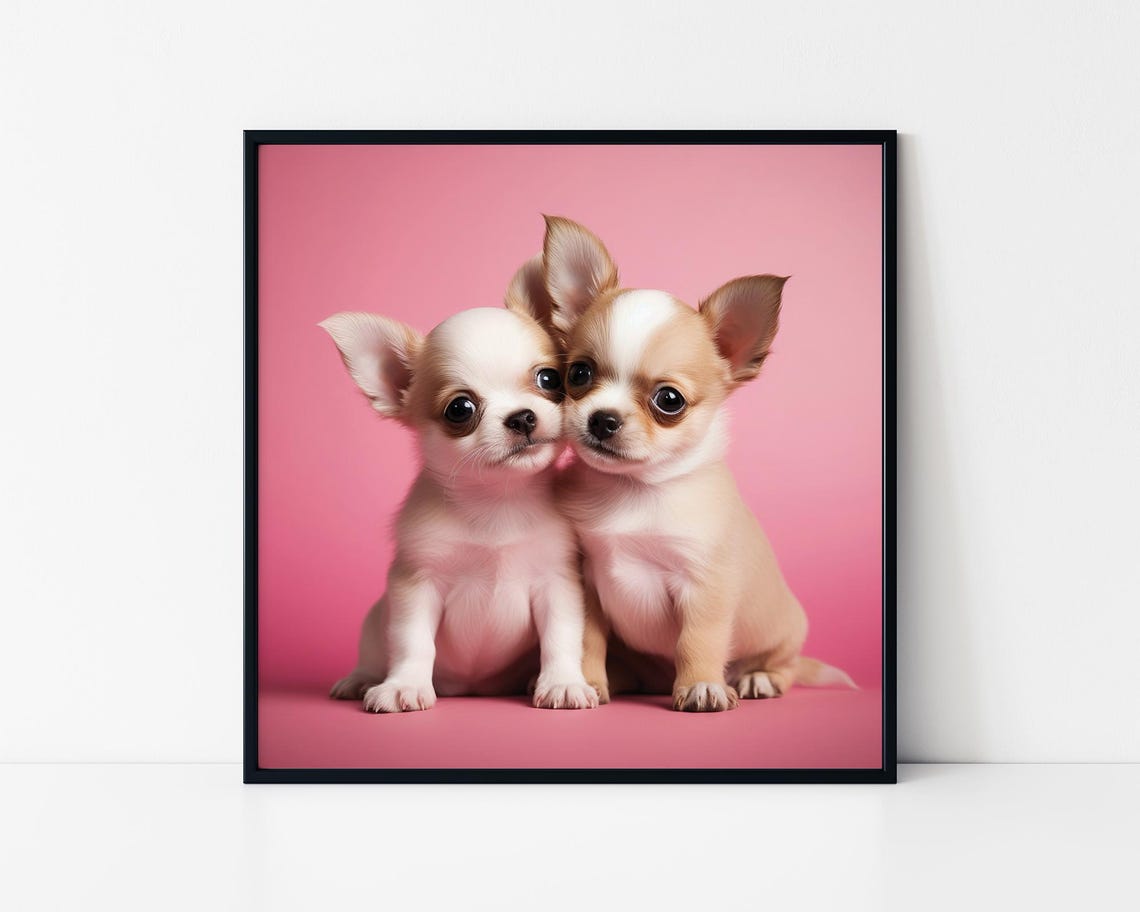 Two Cute Chihuahua Puppies Pink Background Framed Poster Cute Chihuahua Dogs Dogs Wall Art Chihuahua Puppies Charming Chihuahua Puppies