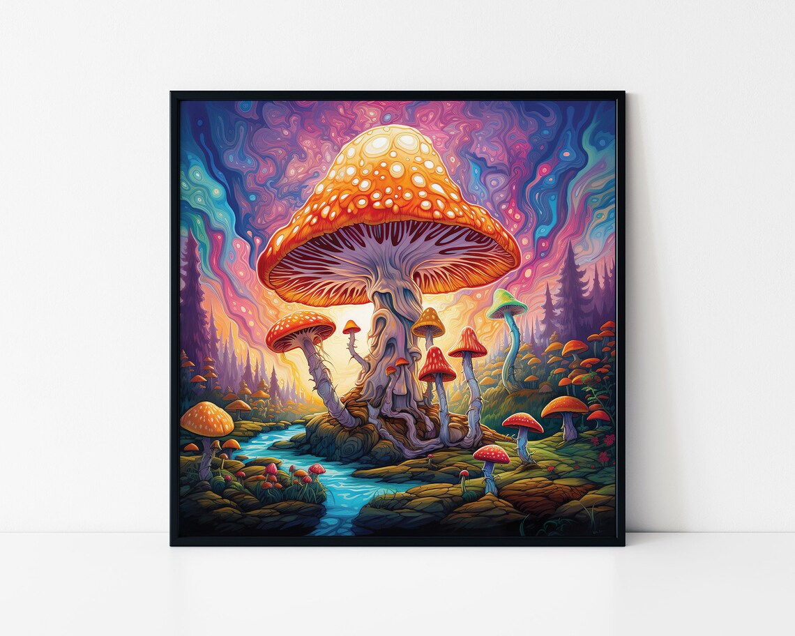 Psychedelic Mushroom Sunset Swirling Sky Trippy Amanita Poster