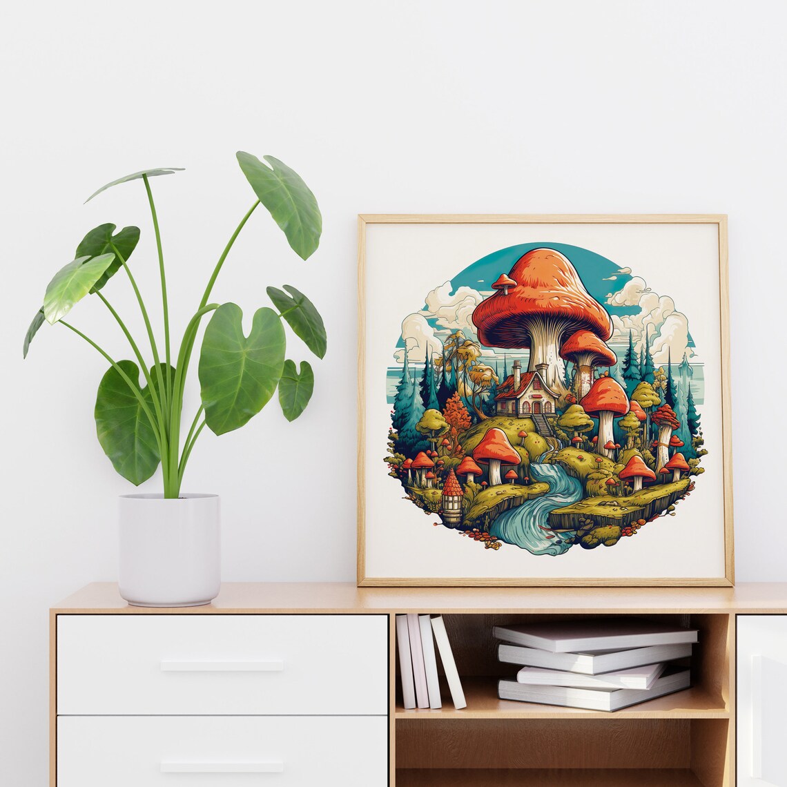 Mushroom Village Whimsical Red Caps Fantasy Forest House Poster - Image 4