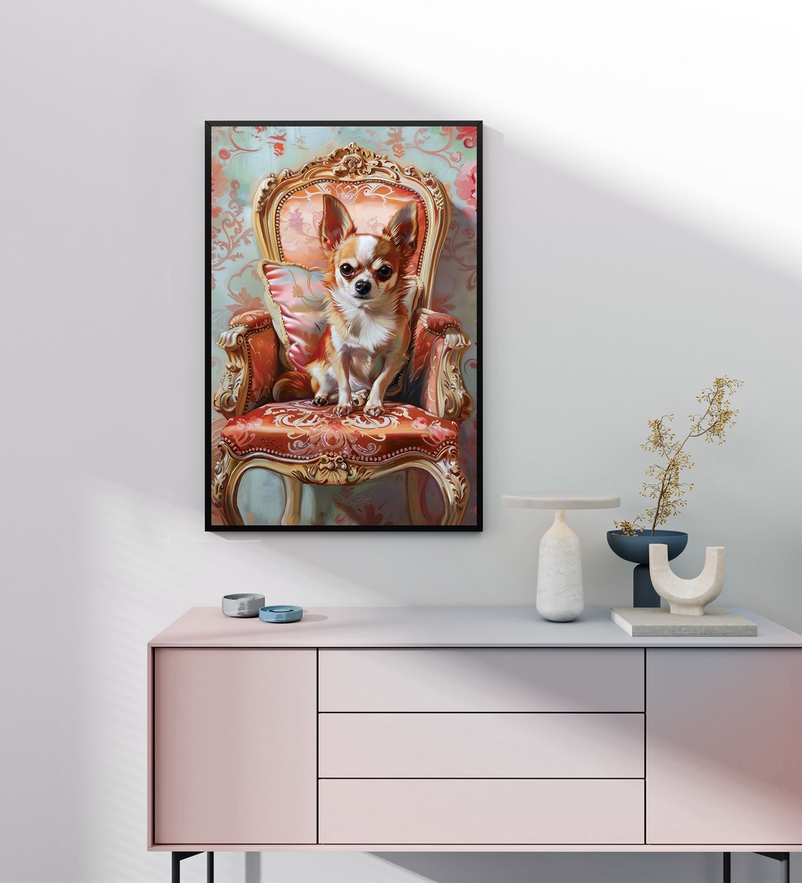 Elegant Chihuahua Dog Sitting On An Antique Chair In Oil Painting Style Framed Poster Chihuahua Portrait Dog Wall Art Wall Hanging - Image 5
