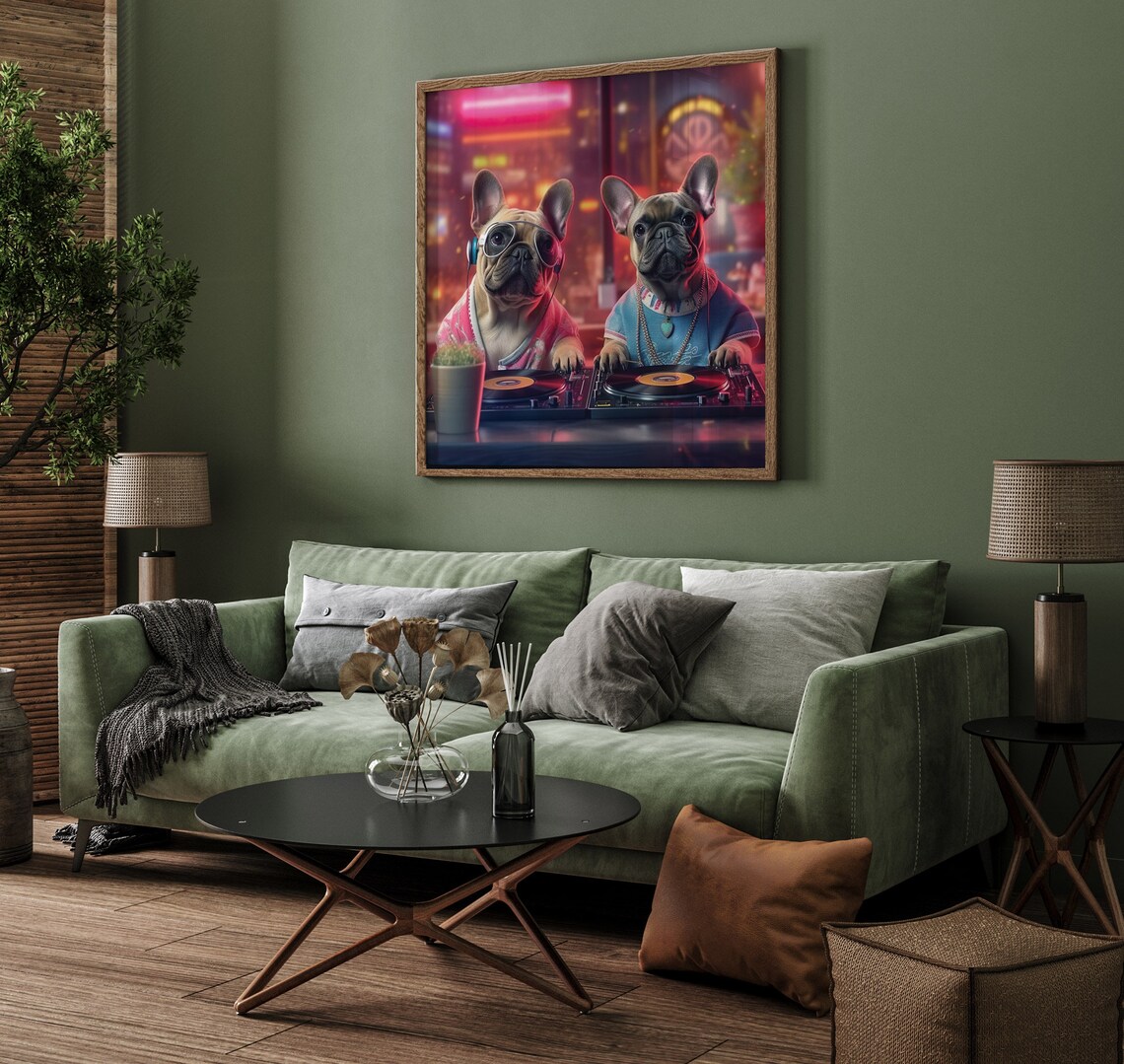 Cool Bulldogs Djs Playing Music In A Club Framed Poster Two French Bulldogs As Dj Dogs Lovers Bulldogs Djs Rave Techno Dogs Wall Art - Image 3