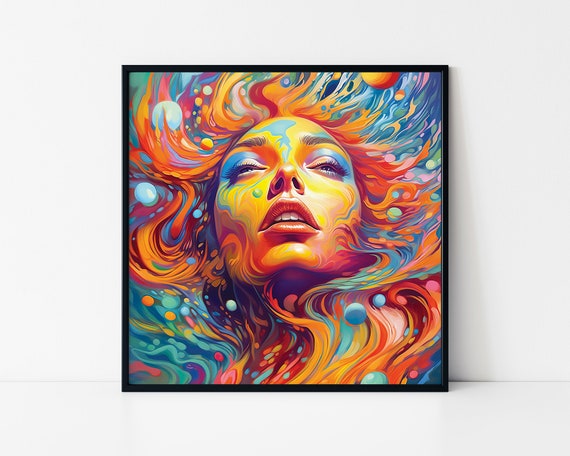 Psychedelic Woman Face Rainbow Flowing Colors Trippy Art Poster