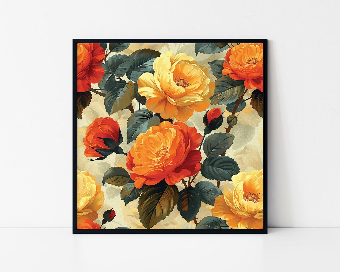 Beautiful Vintage Orange Yellow Roses Classic Elegant Floral Wall Art