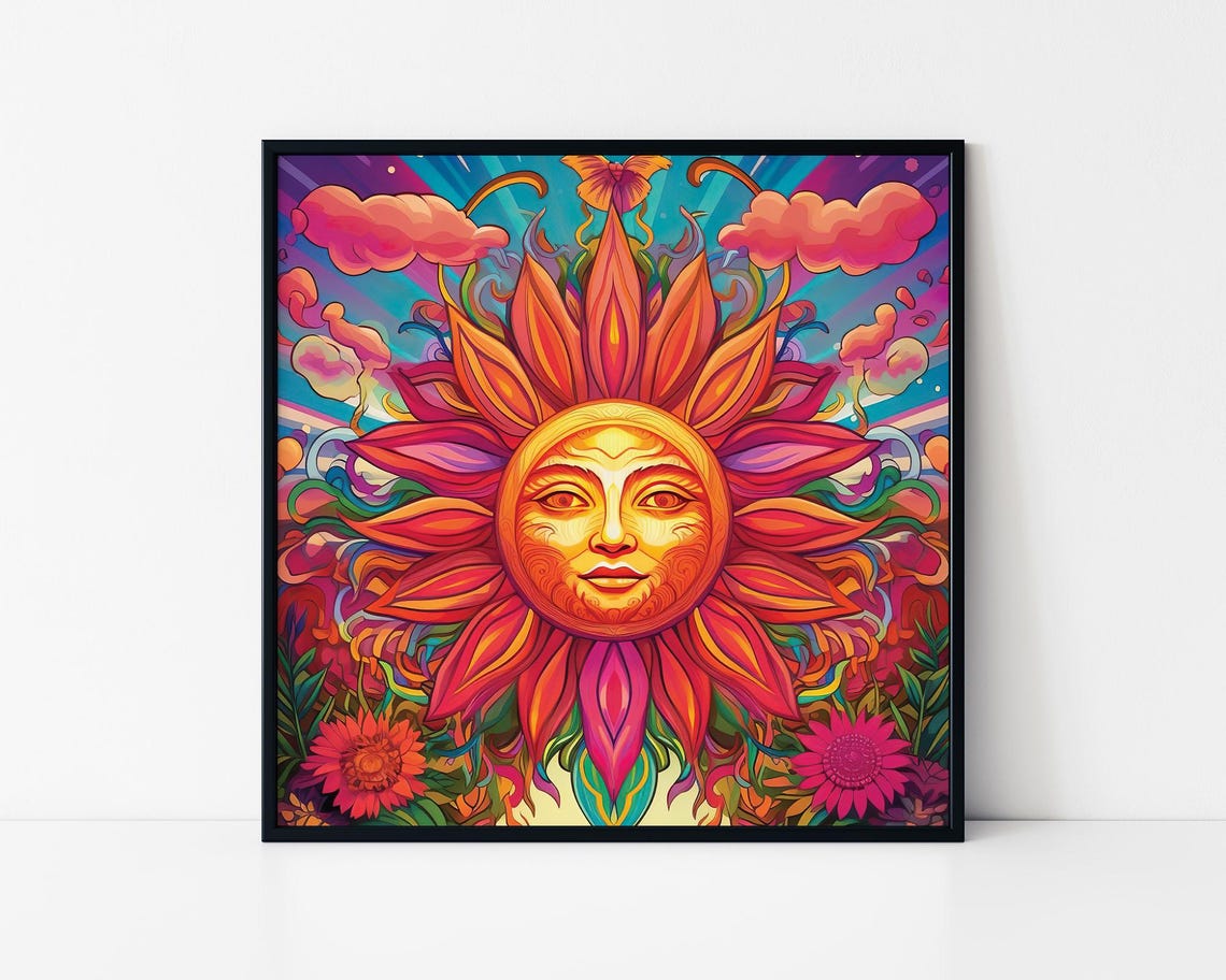 Psychedelic Sun With Face Colorful Boho Sunburst Flower Poster