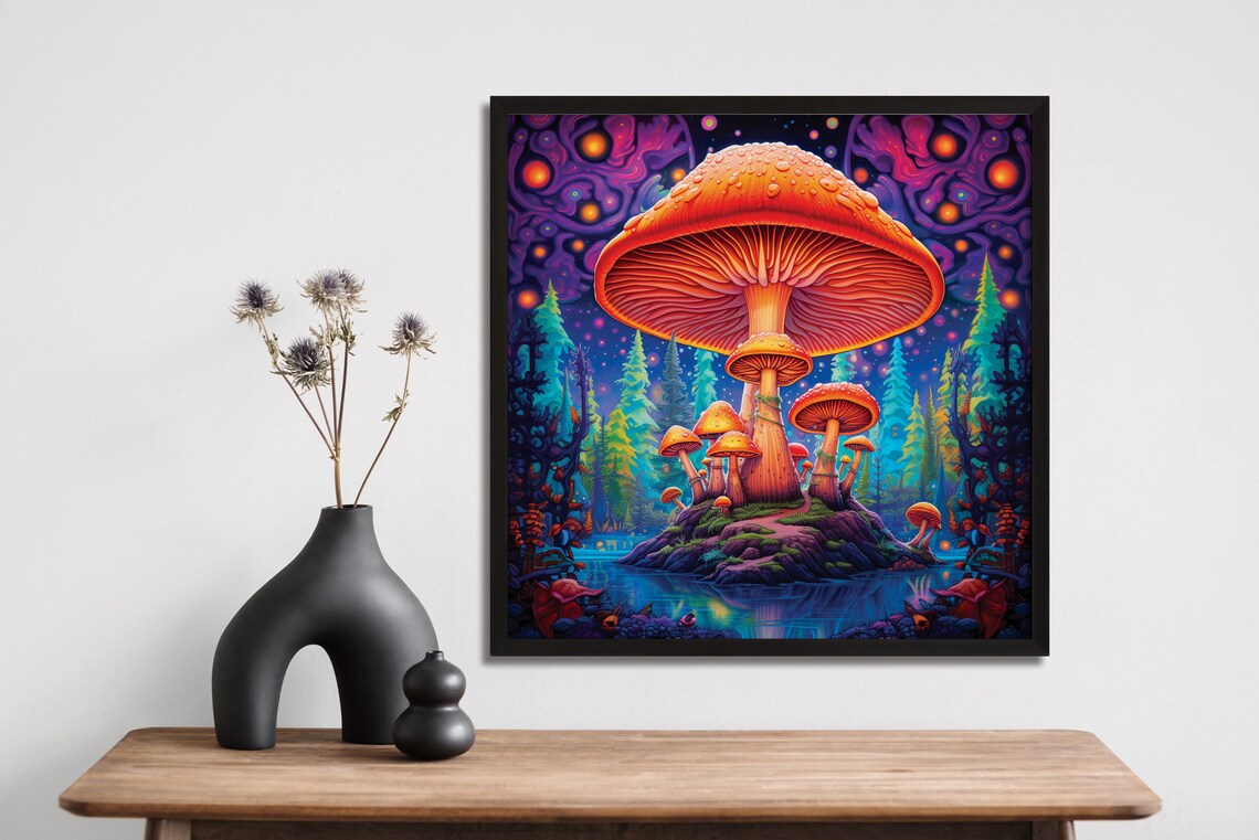 Giant Psychedelic Mushrooms On A Lake Island Fantasy Nature Poster - Image 4