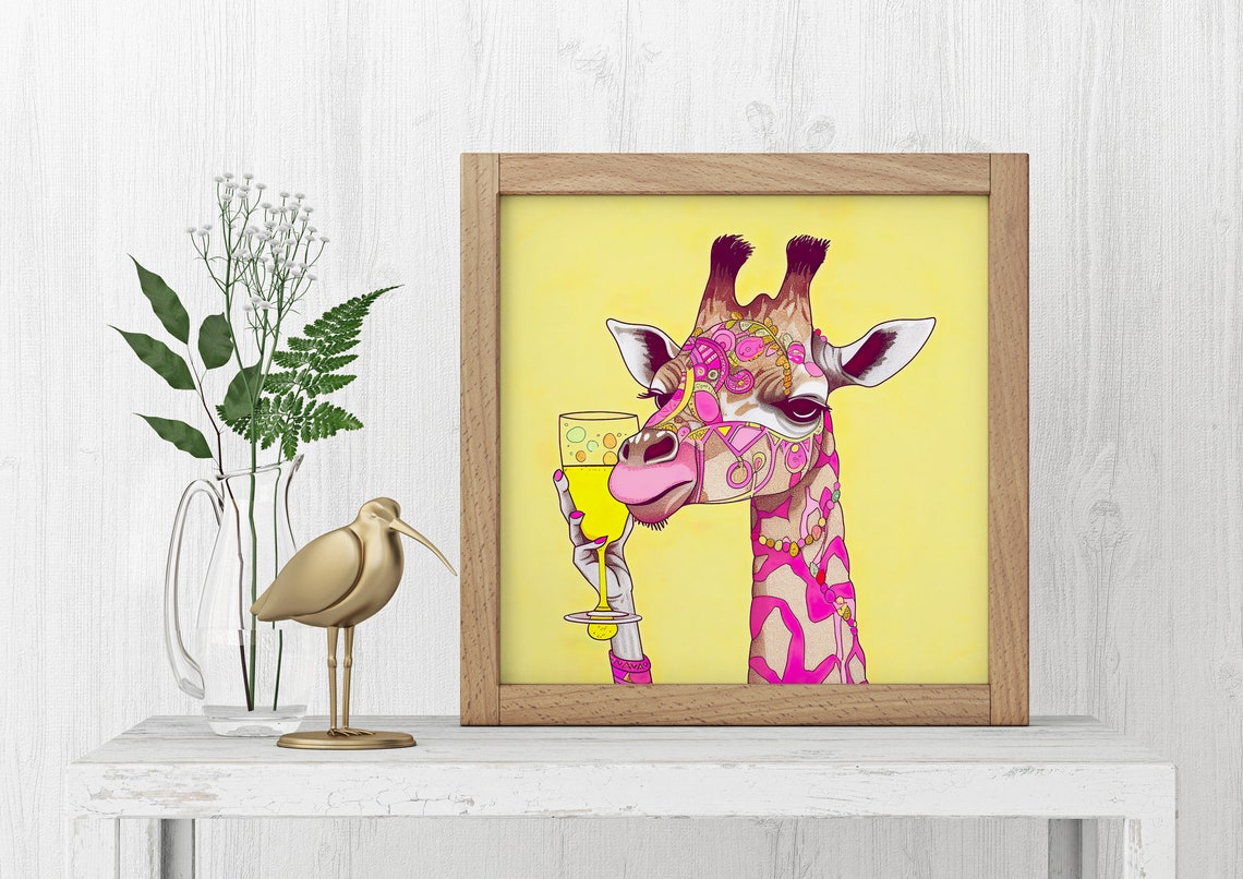 Pink Giraffe Drinking Wine Glass Pop Art Funny Animal Poster - Image 5
