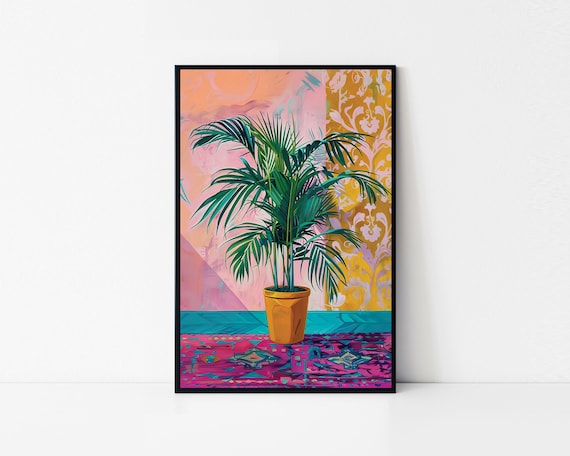 Vivid Indoor Palm Tree In Oil Painting Style Framed Poster Colorful Oil Painting Palm Tree Exotic Indoor Palm Tropical Paradise Wall Art