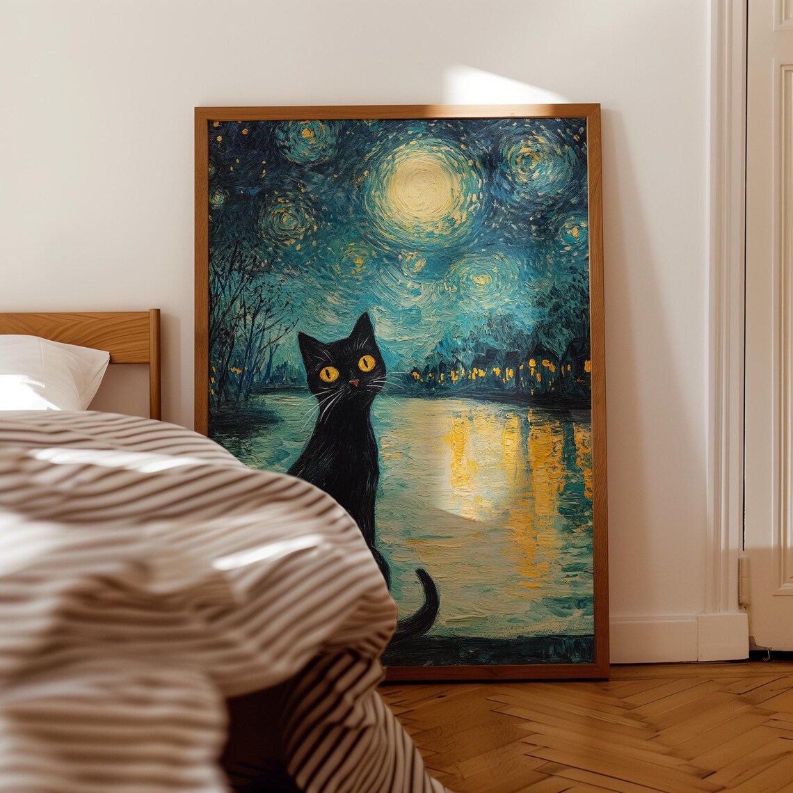 Black Cat With Yellow Eyes Under the Starry Night Sky Poster - Image 3