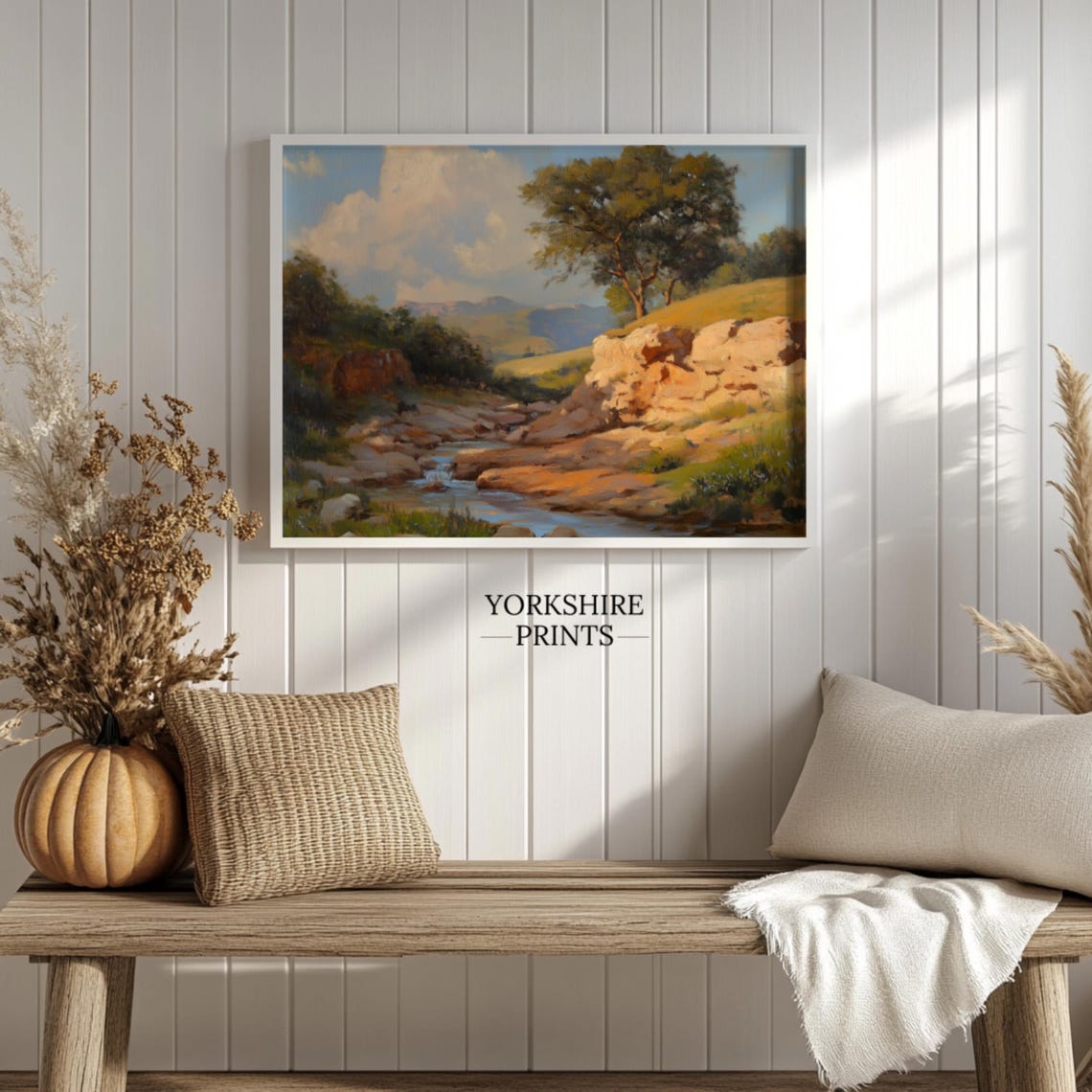Sunlit Rocky Stream Valley Green Hills Trees Summer Landscape Poster - Image 2