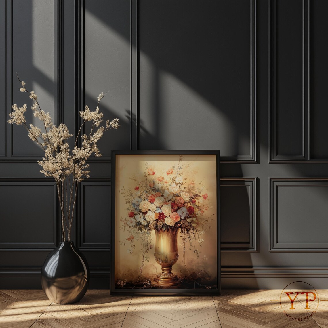 Golden Urn Lush Rose Bouquet Antique Floral Still Life Art Poster - Image 2