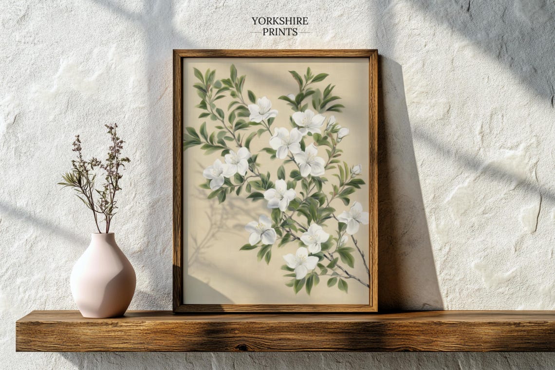 White Jasmine Blossoms Botanical Drawing Neutral Minimalist Poster - Image 2