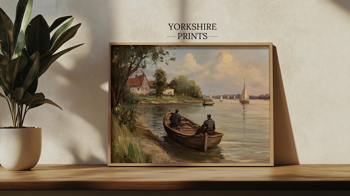 Fisherman In Boat On Lake, Vintage Oil Painting Art Print - Image 2