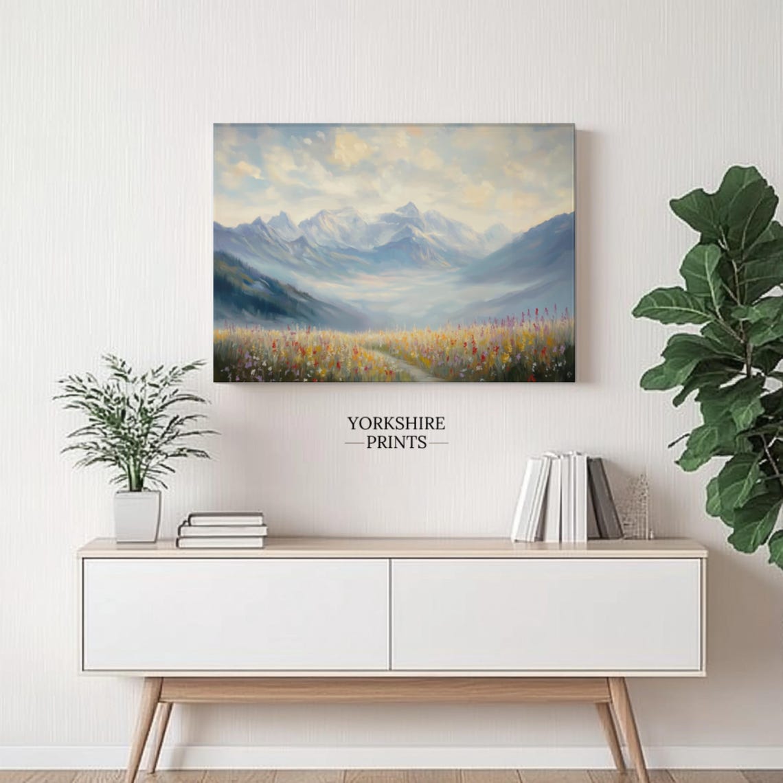 Alpine Wildflower Meadow Path Misty Mountain Peaks Spring Art Poster - Image 3
