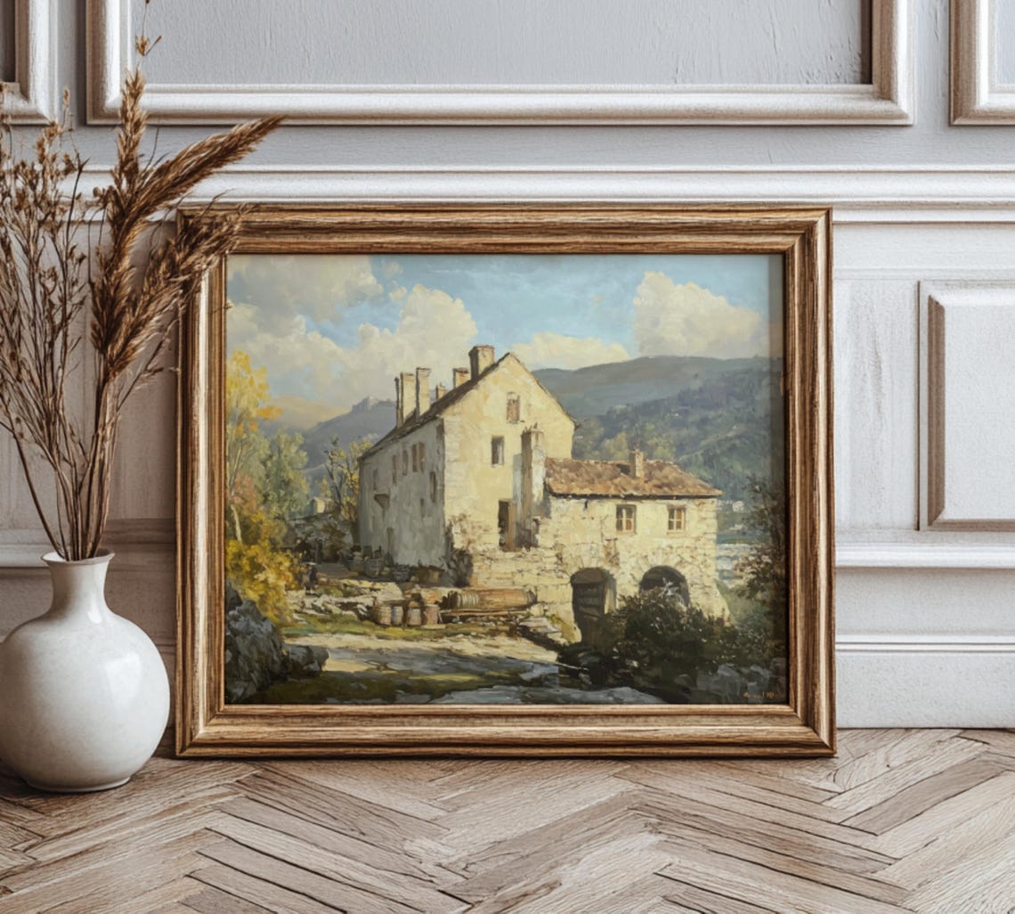 Old Stone Village House Sunlit Hillside Mediterranean Art Poster - Image 3