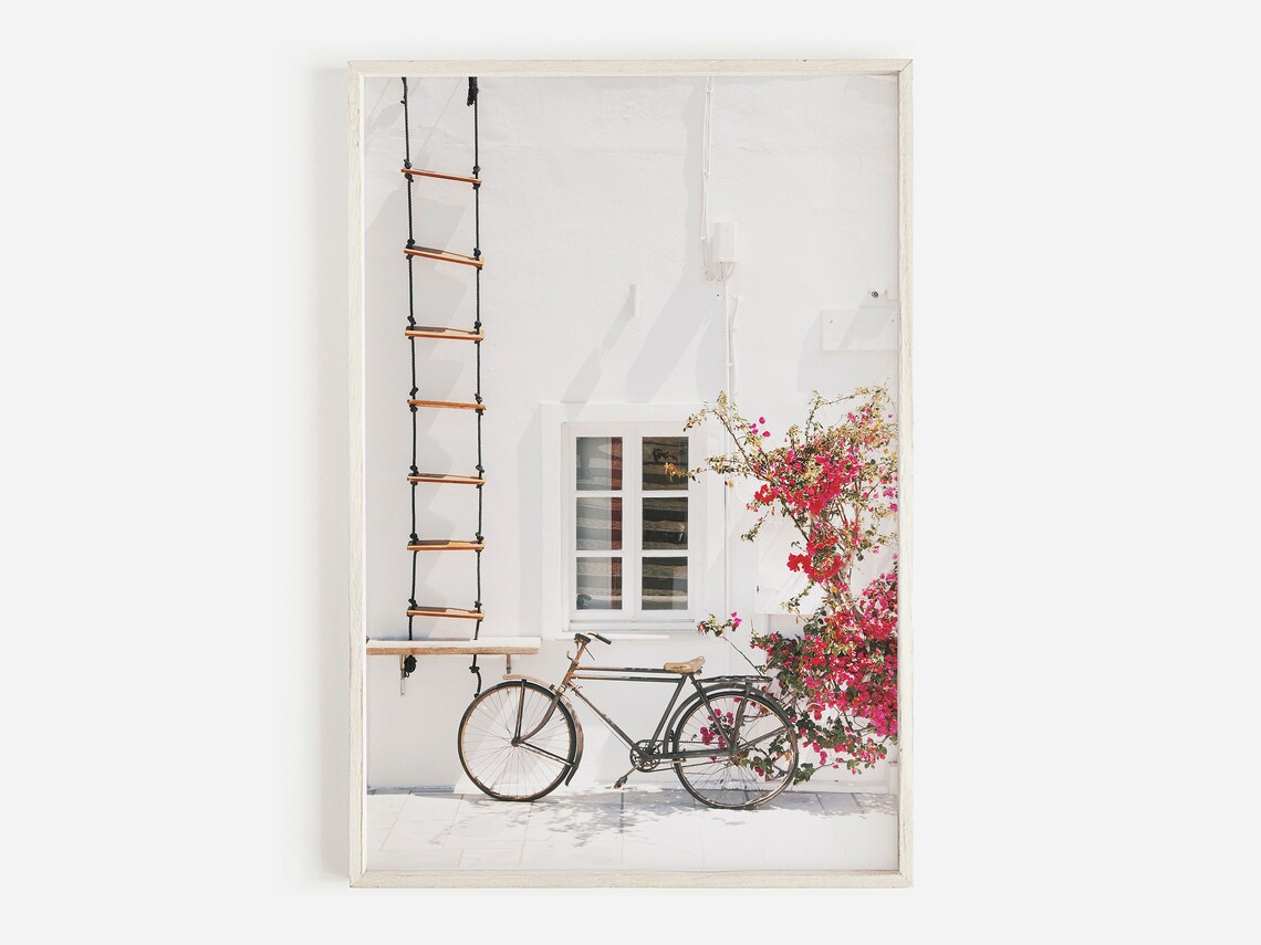 Santorini Travel Print, Greece Bougainvillea Photo Art