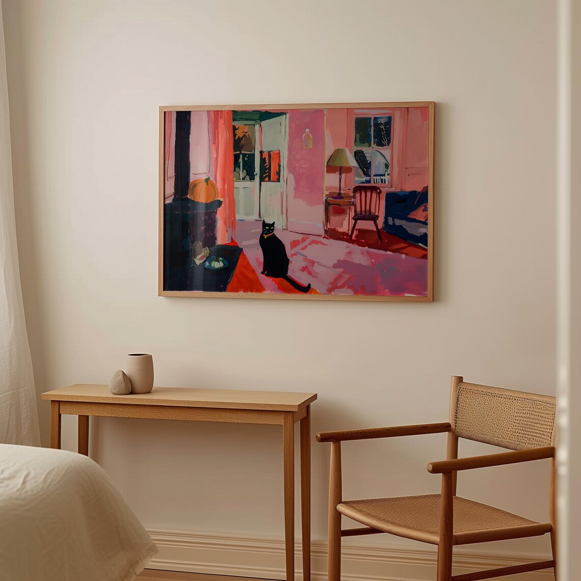 Cozy Black Cat in Pink Halloween Room Painting Pumpkin Cat Lovers Wall Art Print - Image 2