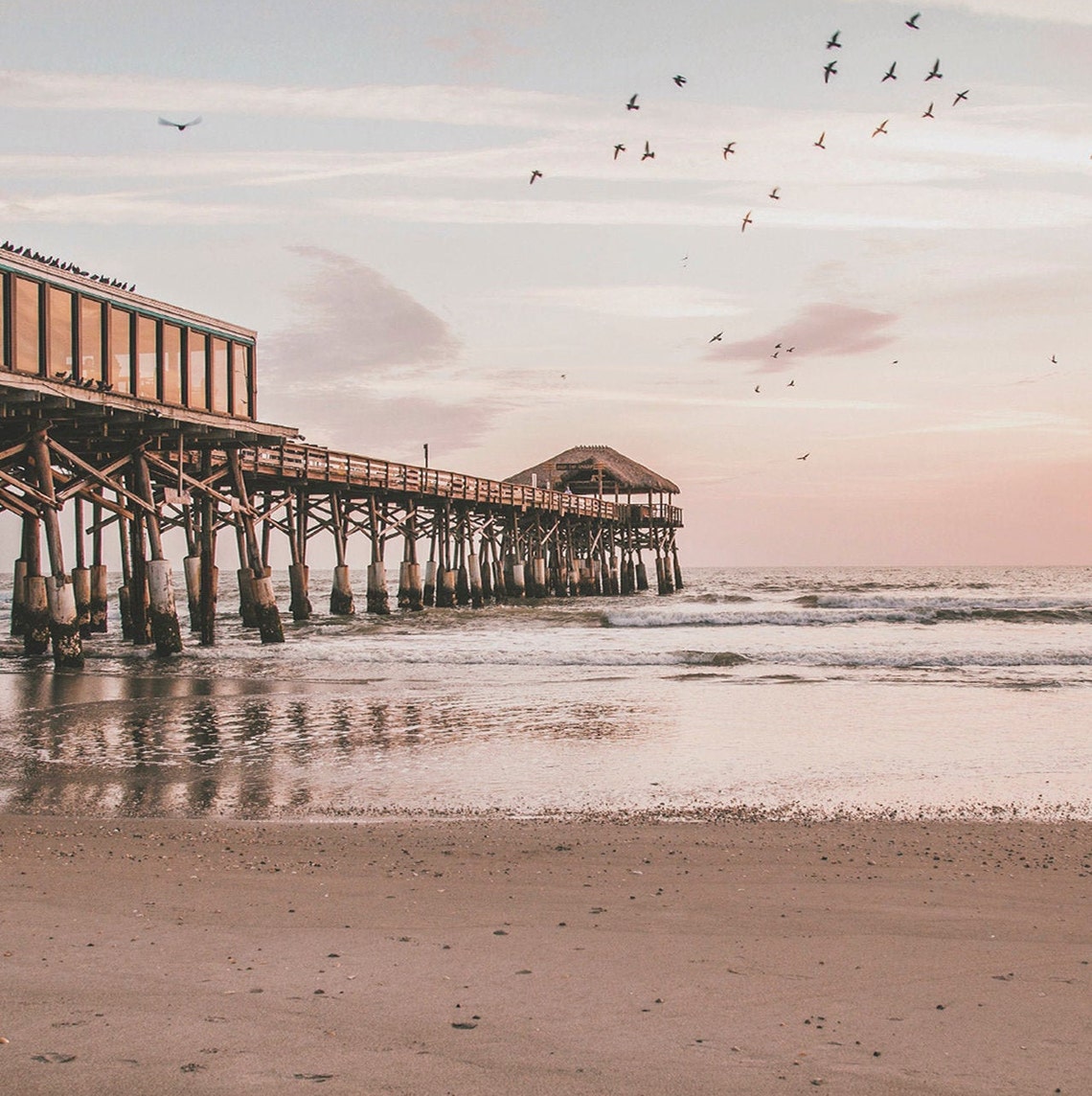 Beach Pier Sunset Seagulls Wooden Boardwalk Ocean View Travel Poster - Image 2