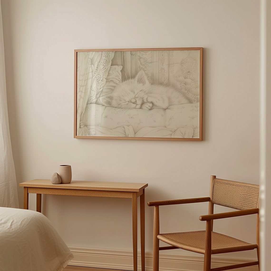 Vintage Kitten Sketch Sleeping White Cat Cottagecore Pencil Art Poster - Image 2