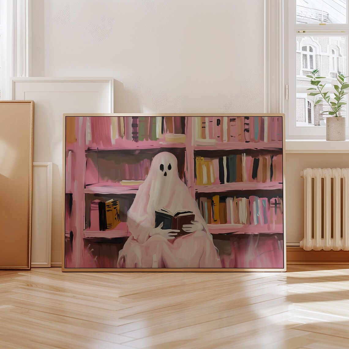 Ghost Reading Book in Pink Library Painting Spooky Bookworm Wall Art Print - Image 4