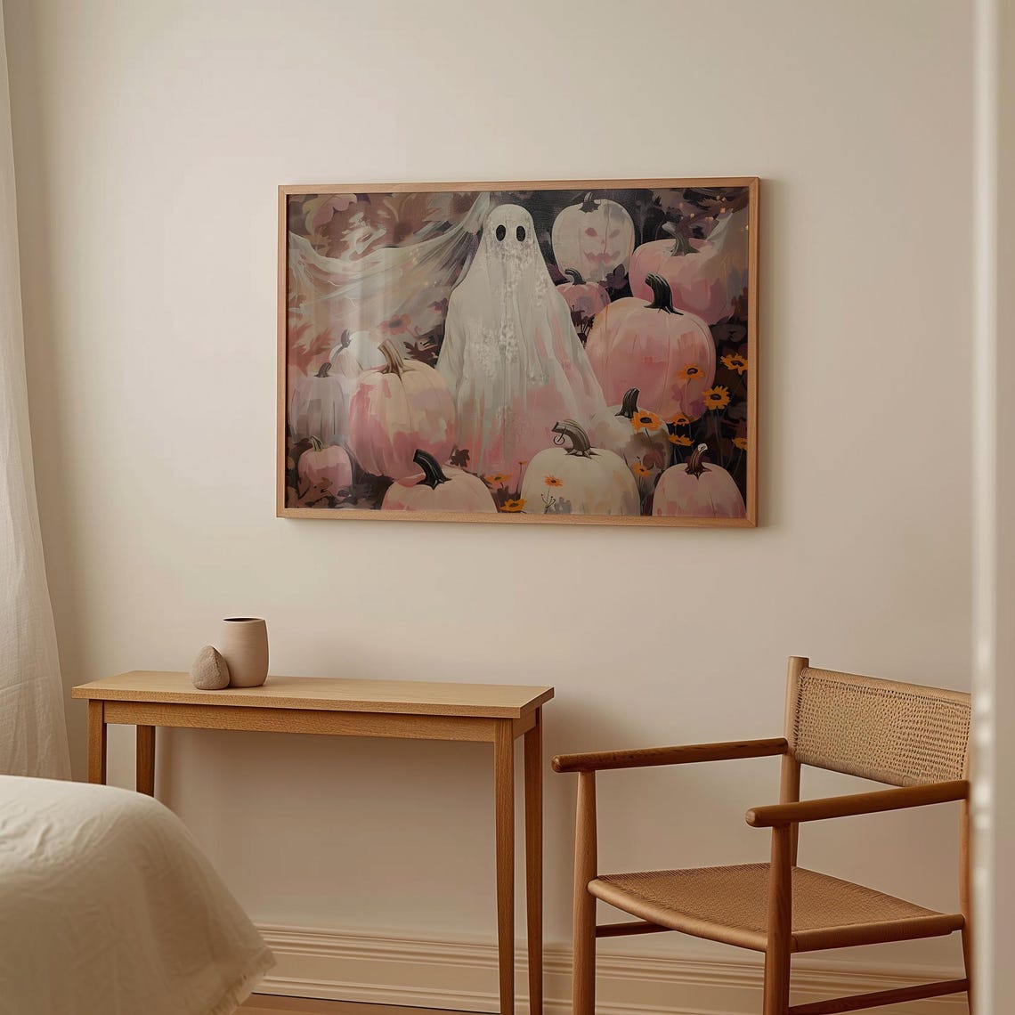 Cute Sheet Ghost In Pink Pumpkin Patch Halloween Painting Art Poster - Image 2