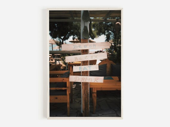 Greece Beach Taverna Wooden Sign Beach Relax Eat Drink Travel Poster