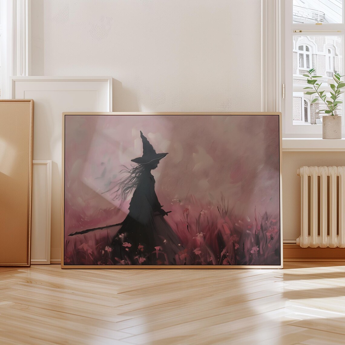 Witch Silhouette in Pink Flower Meadow Painting Moody Halloween Art Print - Image 4