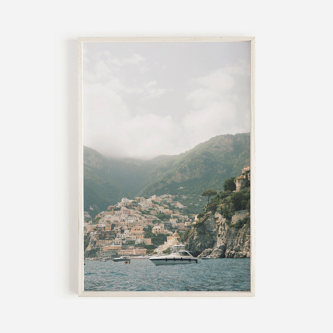 Positano Italy From The Sea Yacht Anchored Misty Cliffs View Poster