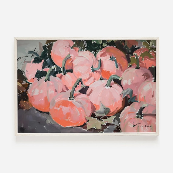 Pink Pumpkin Patch Pastel Still Life Oil Painting Fall Decor Poster