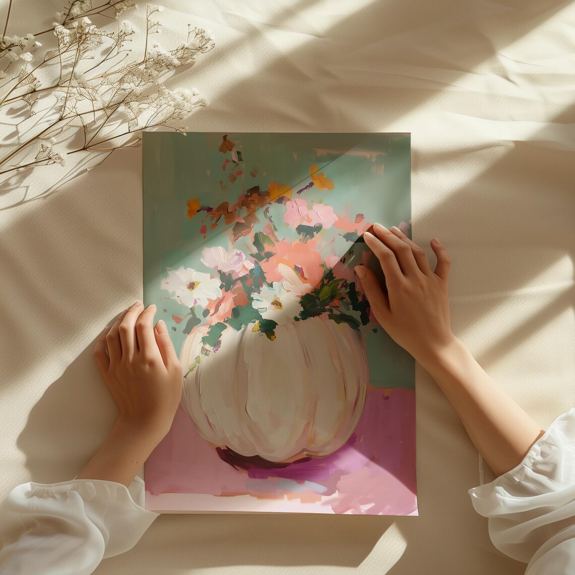 Pink Floral Pumpkin Print, Pastel Halloween Decor - Image 3