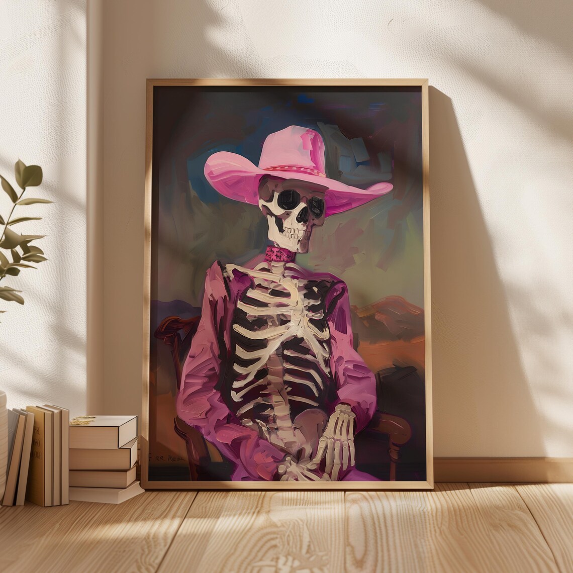 Pink Cowgirl Skeleton Portrait Cowboy Hat Painting Western Halloween Art Print - Image 4