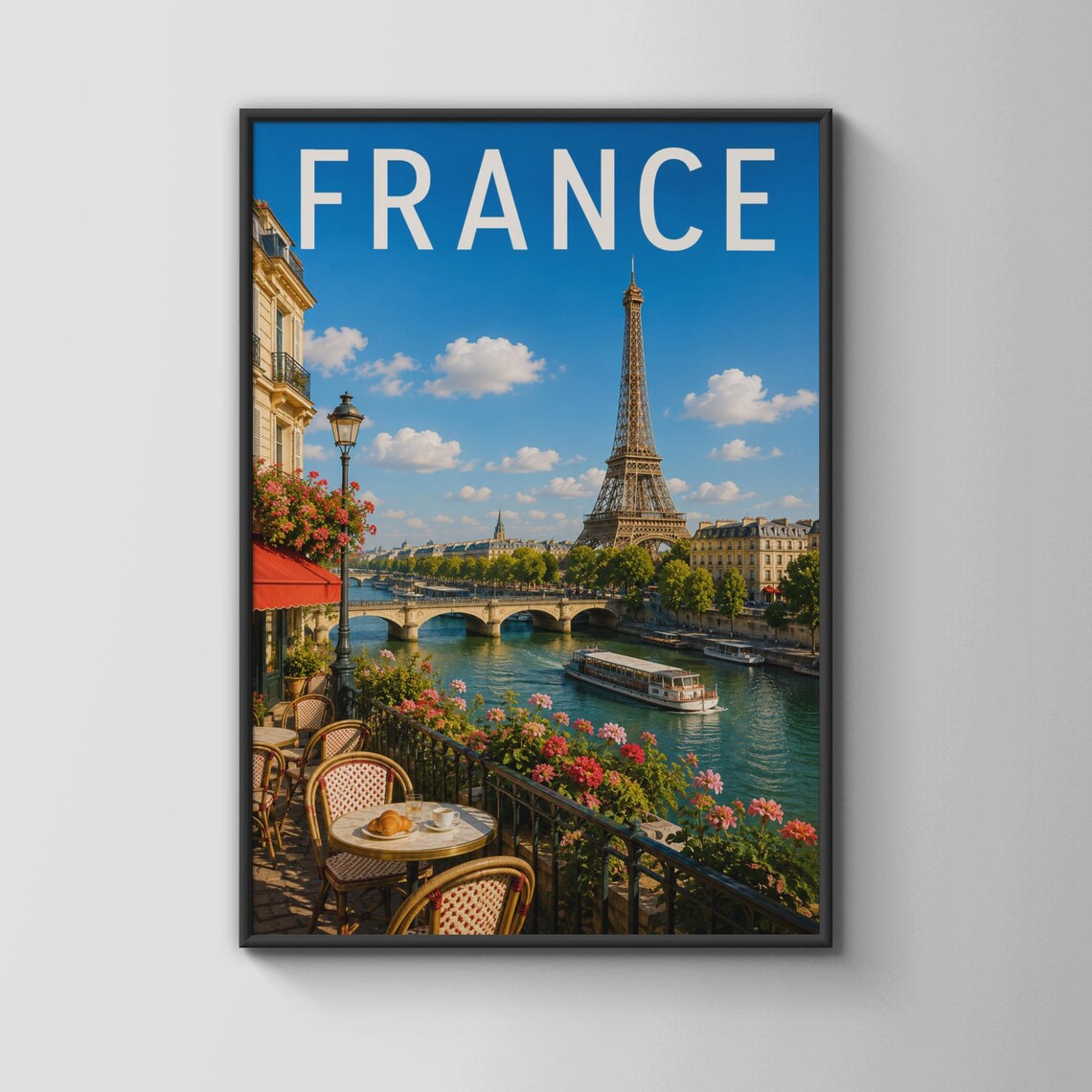 Paris Eiffel Tower Travel Poster, Seine River Cafe