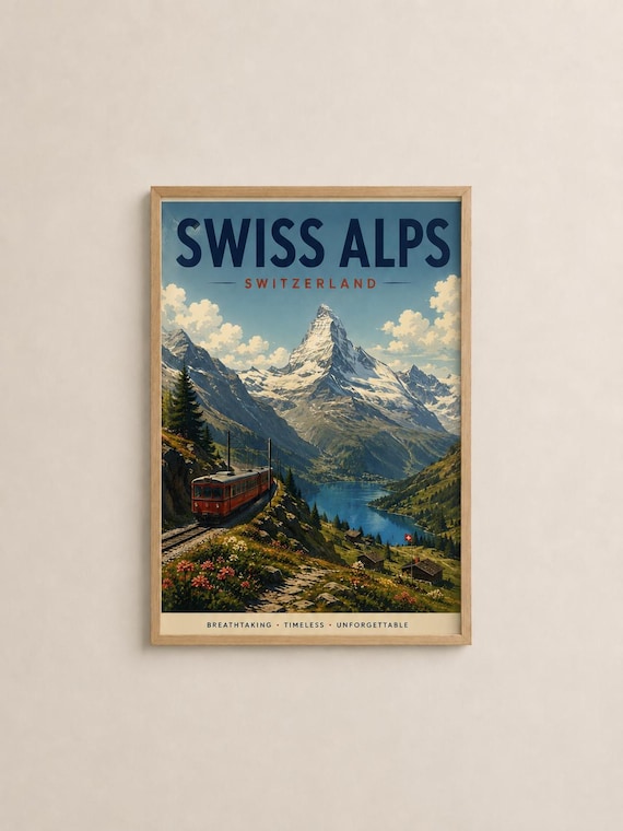 Swiss Alps Switzerland Matterhorn Red Train Vintage Mountain Poster